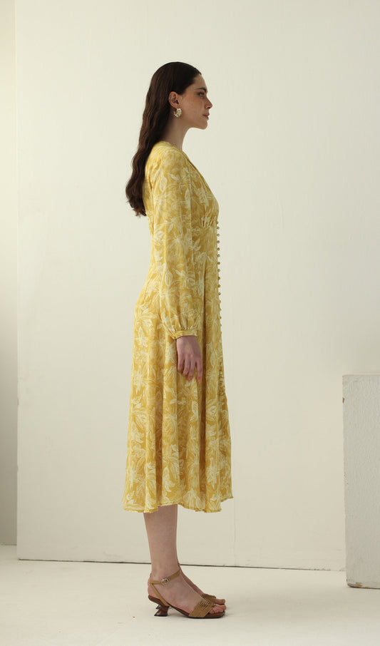 Yellow Floral Printed V Neck Midi Dress