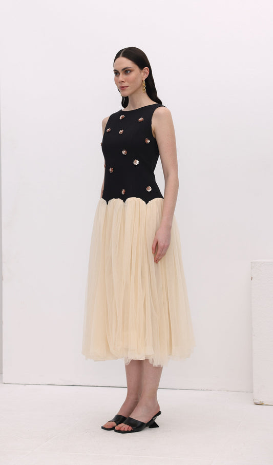 Vintage Contrast Tulle Midi Dress