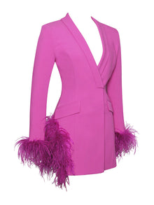 Deep V-Neck Velvet-Lapel Long-Sleeve Ostrich-Feather Blazer Dress