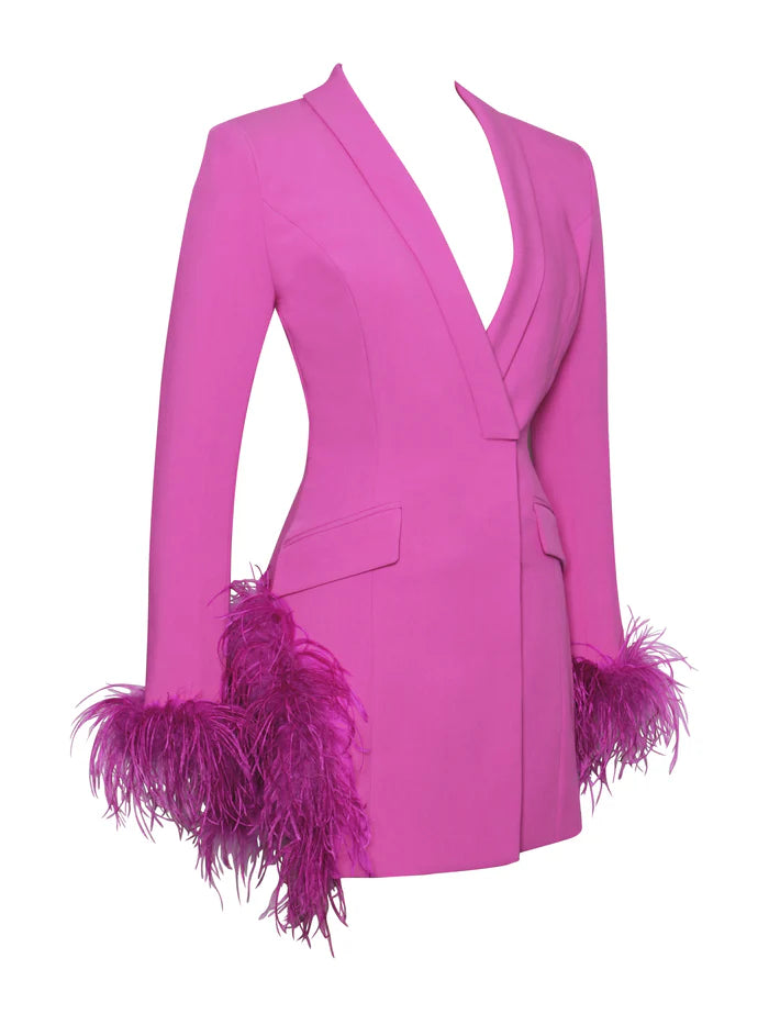 Deep V-Neck Velvet-Lapel Long-Sleeve Ostrich-Feather Blazer Dress