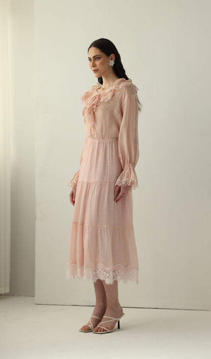 Long Sleeved Lace Panel Midi Skirt