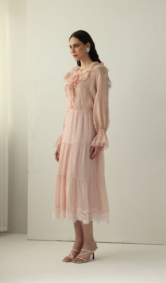 Long Sleeved Lace Panel Midi Skirt