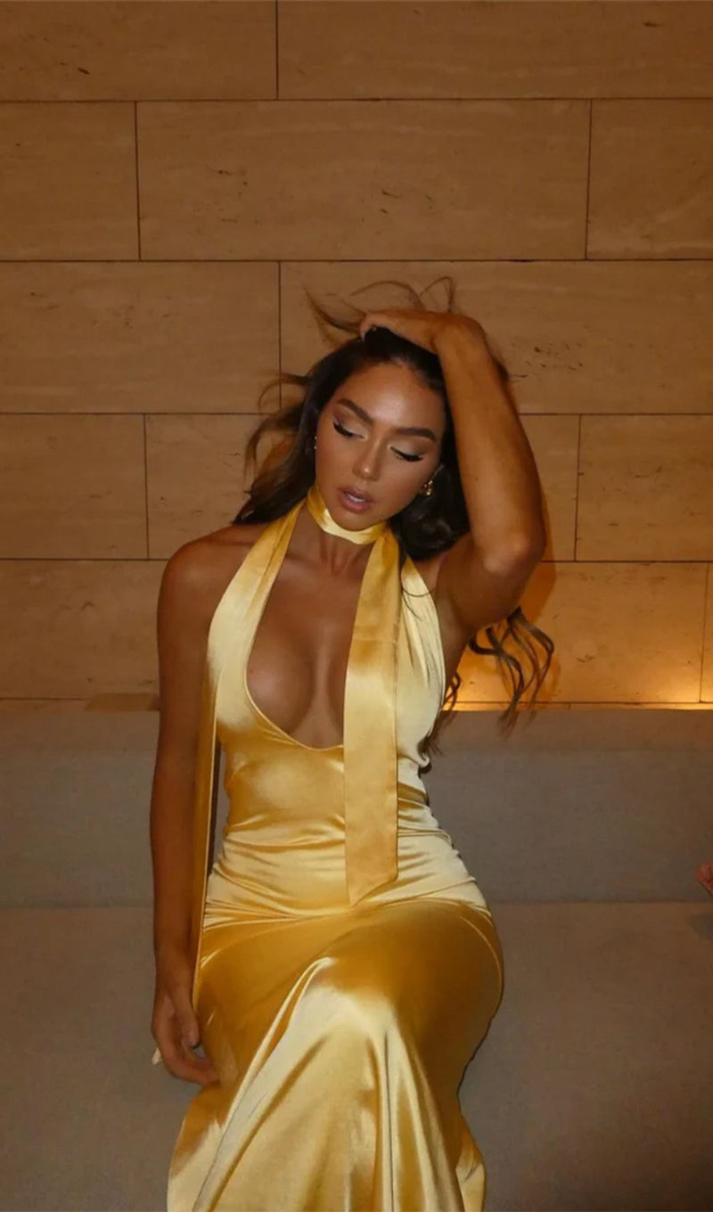 Deep V Neck Satin Maxi Dress