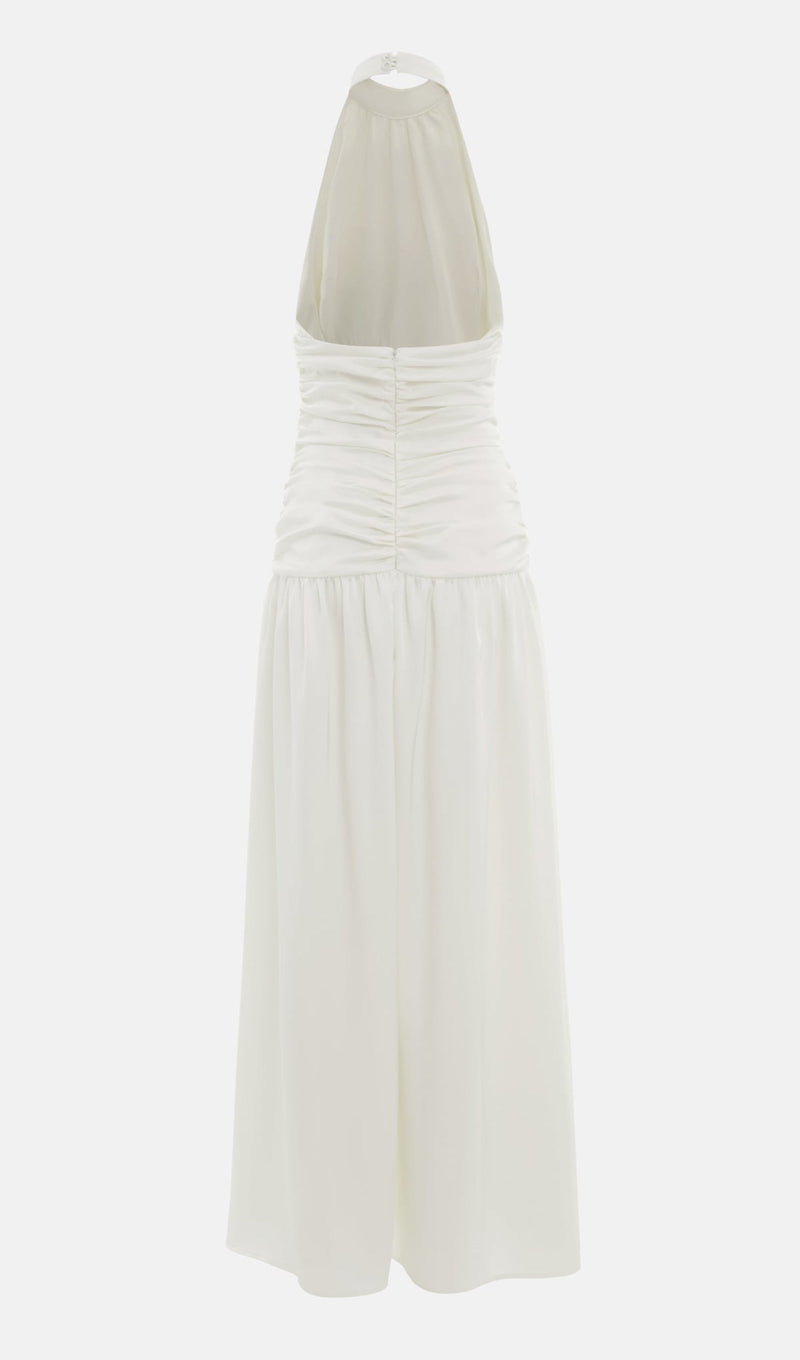 Satin Halter Draped Bodice Maxi Dress