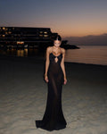 Spaghetti Strap Low-Cut Cutout Open-Back Tie Satin-Chiffon Paneled Semi-Sheer Dress