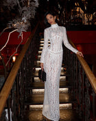 High-Neck Long-Sleeve Corset-Inspired White Lace Dress
