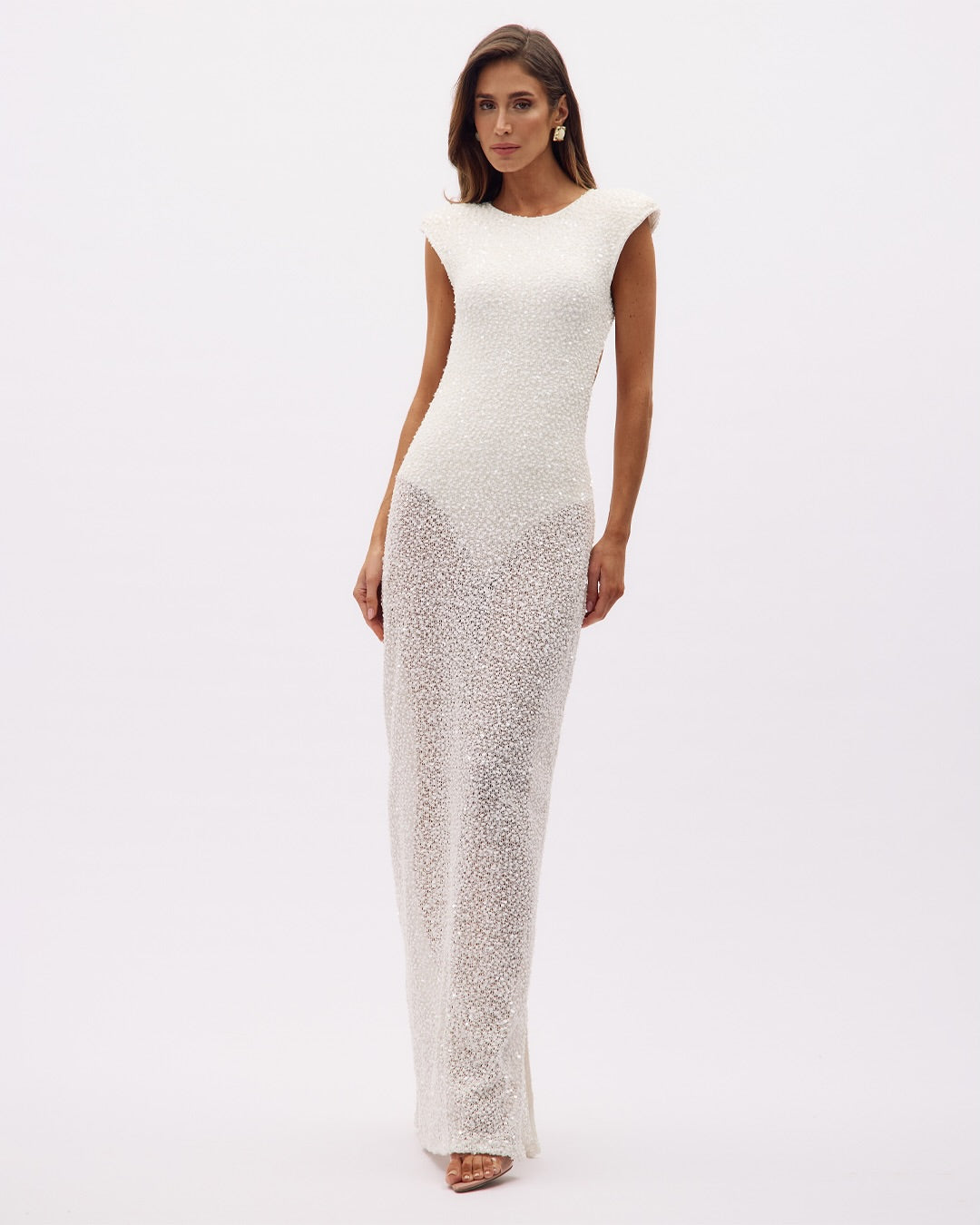 Crew-Neck Flutter-Sleeve Open-Back Knit Dress