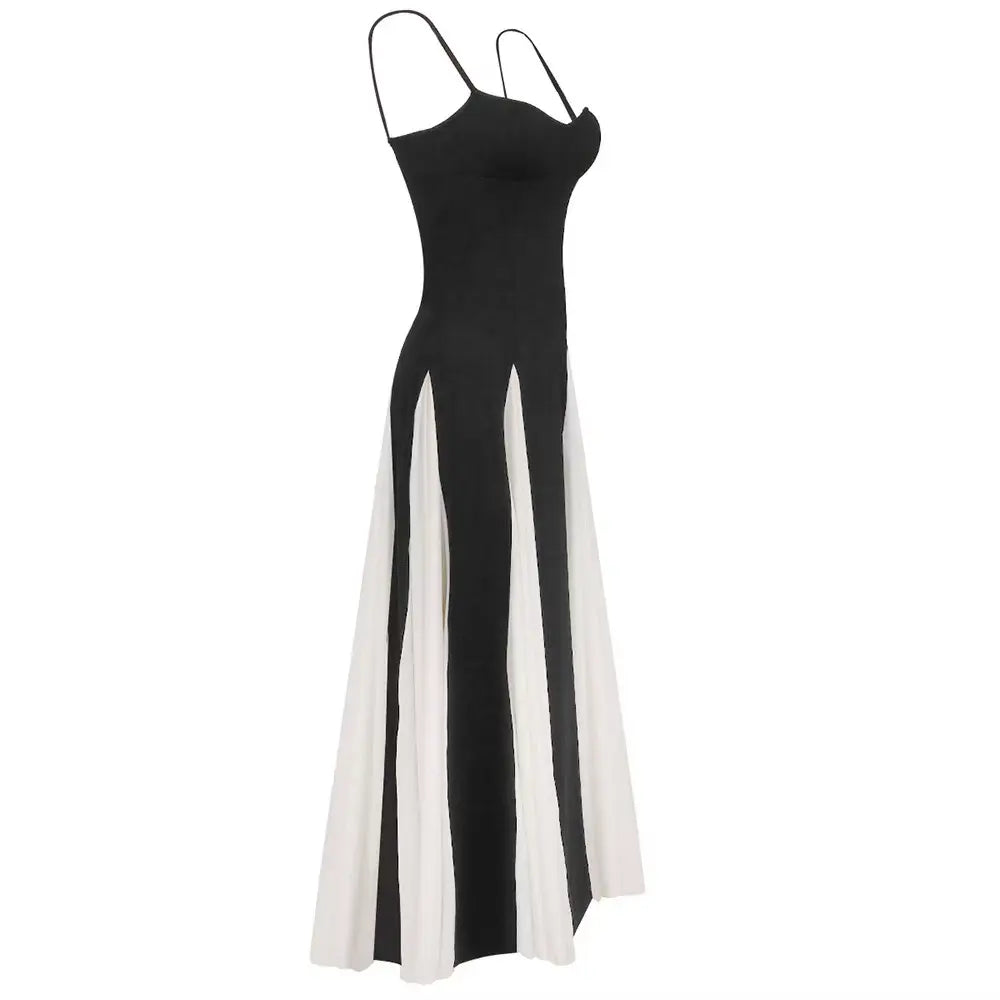 Black and White Pleated Chiffon Maxi Dress