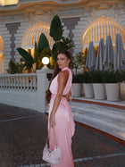 High-Neck Sleeveless Top and High-Waisted Side-Slit Satin Skirt Set
