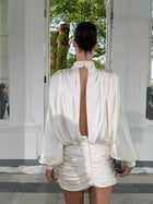 Satin ruched long-sleeve backless dress