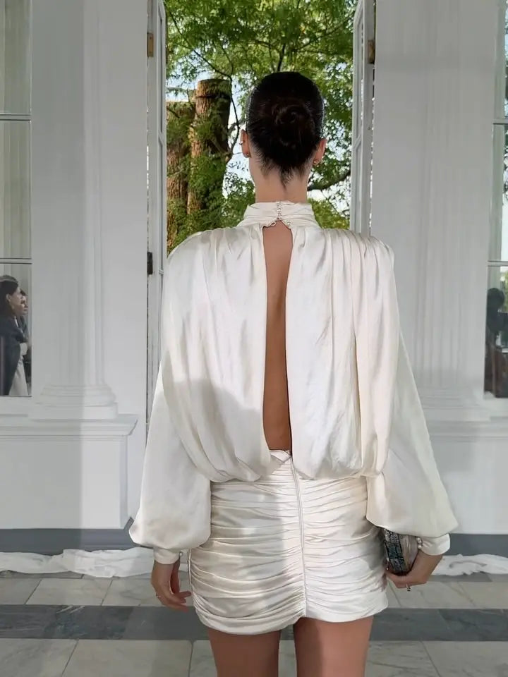 Satin ruched long-sleeve backless dress