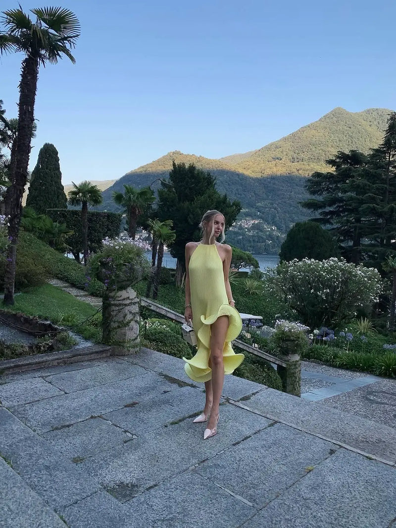 Sleeveless Smocked Floral Ruffled Wave Hem Dress