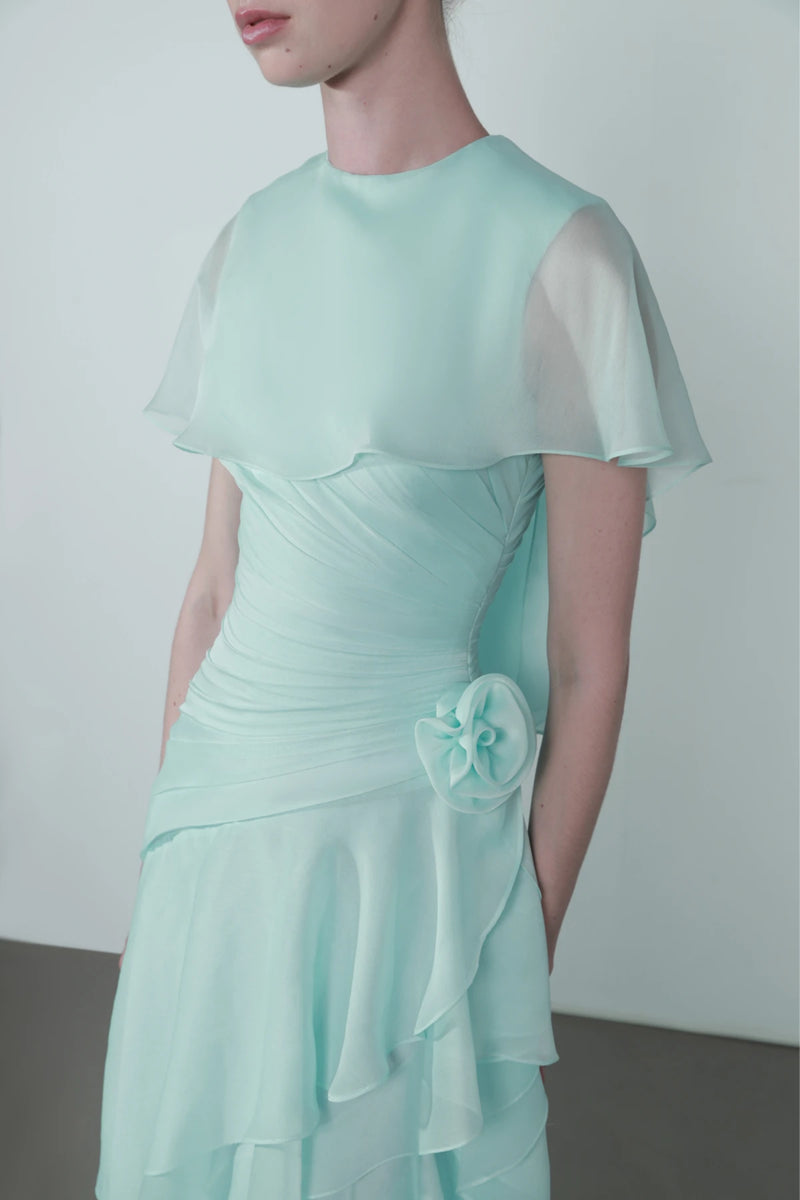 Cap-Shoulder Crew-Neck Floral-Appliqué Waist Tiered Maxi Dress
