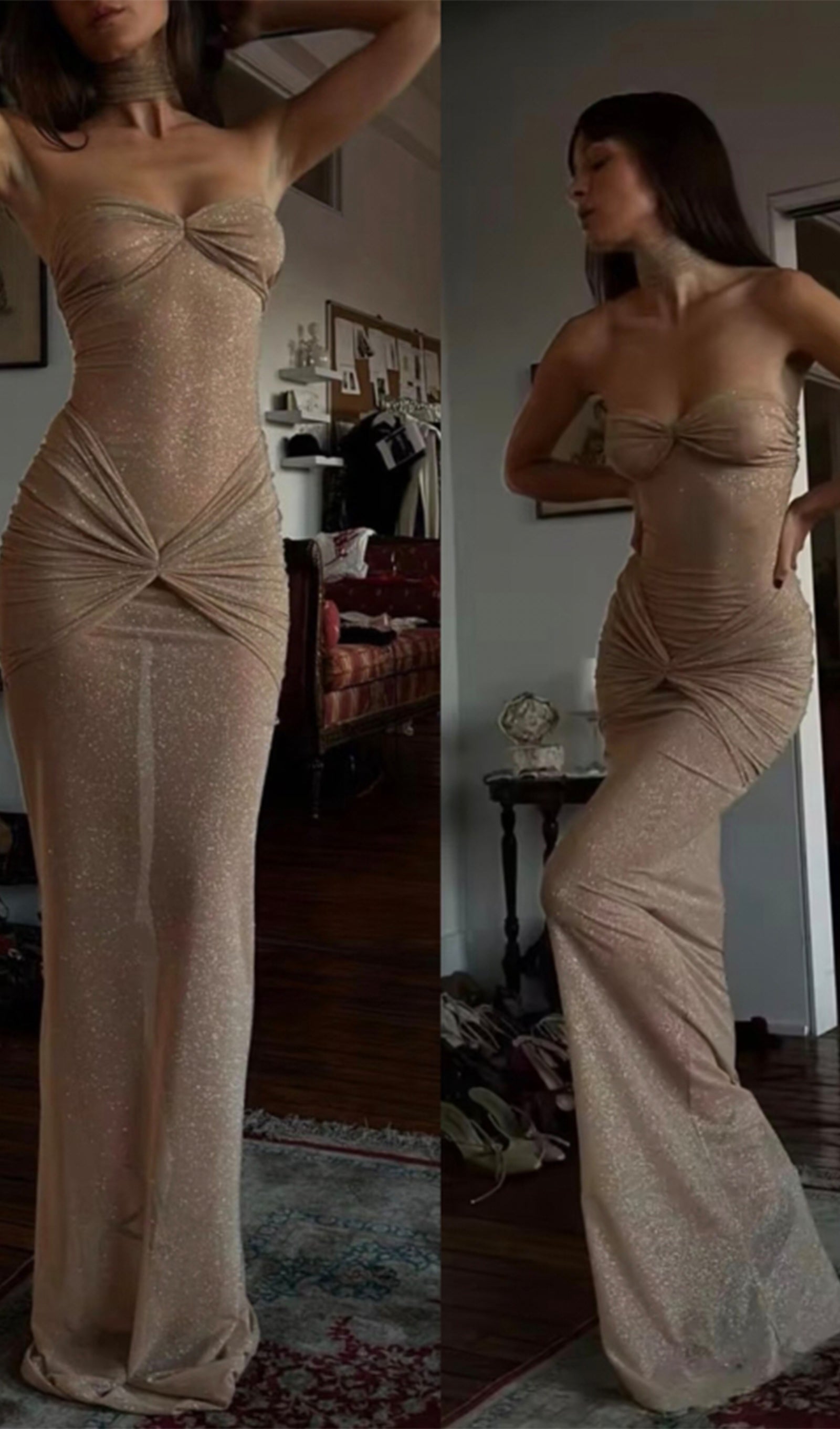 Starlite Off-Shoulder See-Through Maxi Dress