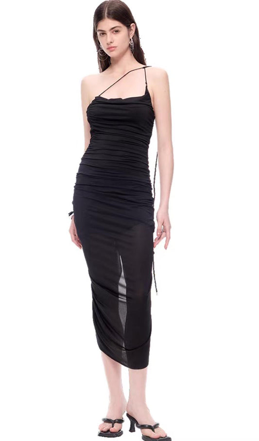 Mesh Knit Pleated Open Back Midi Dress