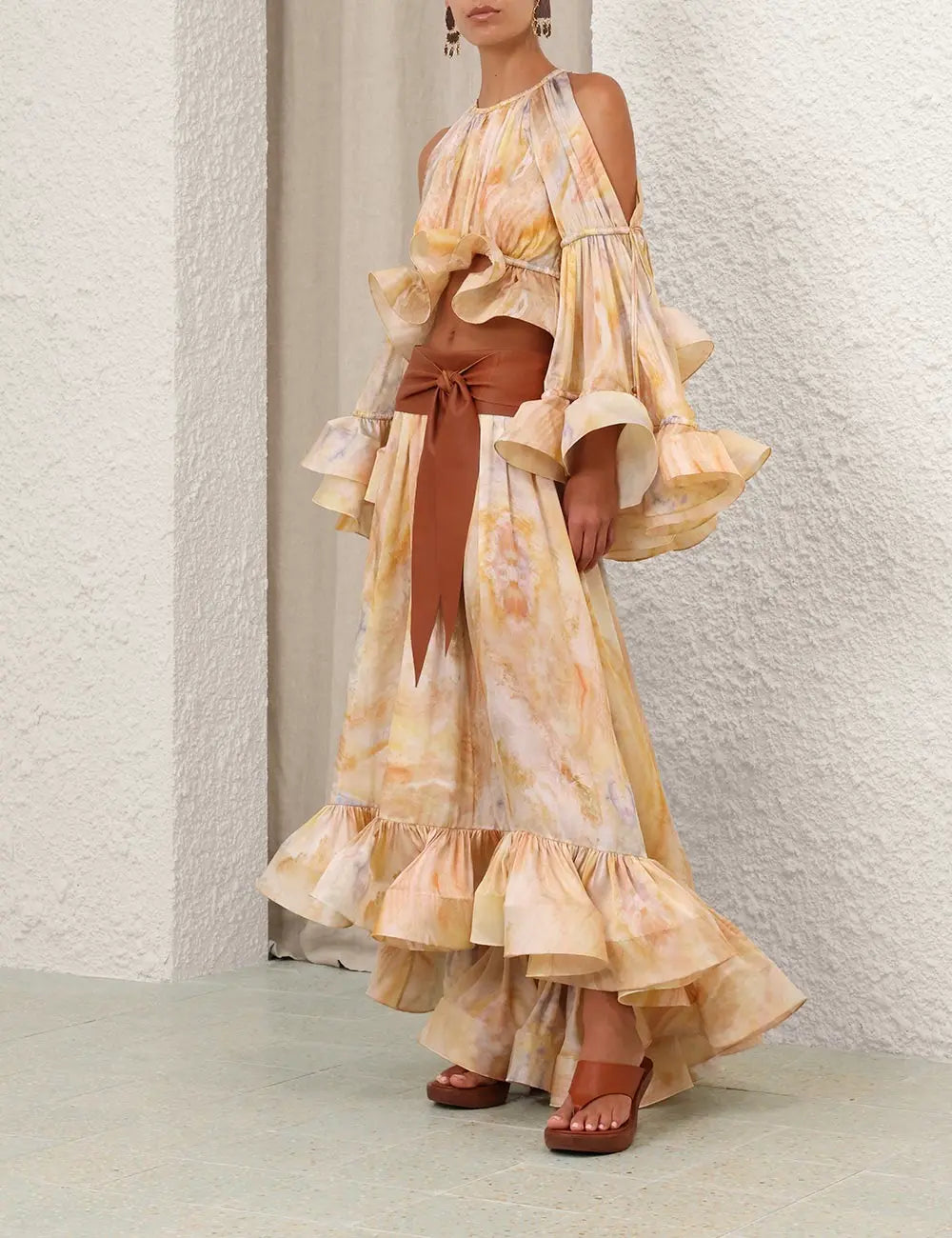 Shoulder cutout flounce sleeve top and ruffled hem skirt