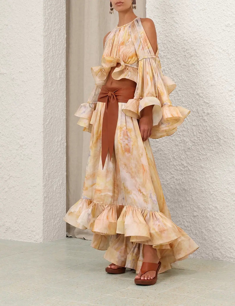 Shoulder cutout flounce sleeve top and ruffled hem skirt