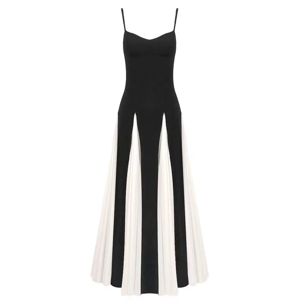 Black and White Pleated Chiffon Maxi Dress