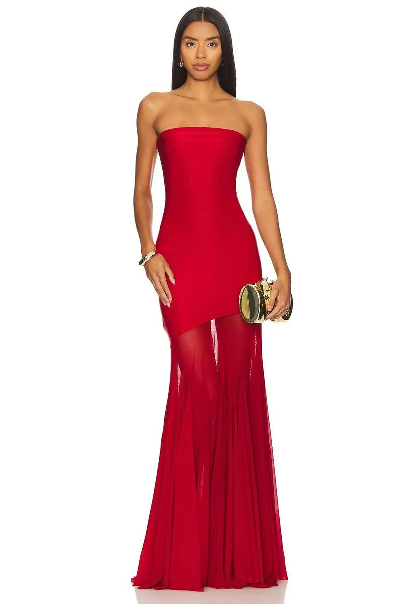 Strapless Bodycon Mesh Paneling Maxi Dres – Elegant Party & Evening Wear