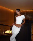 Asymmetric Off-Shoulder Sleeveless Cropped Top with Ruched Bodycon Back-Slit Skirt Two-Piece Set