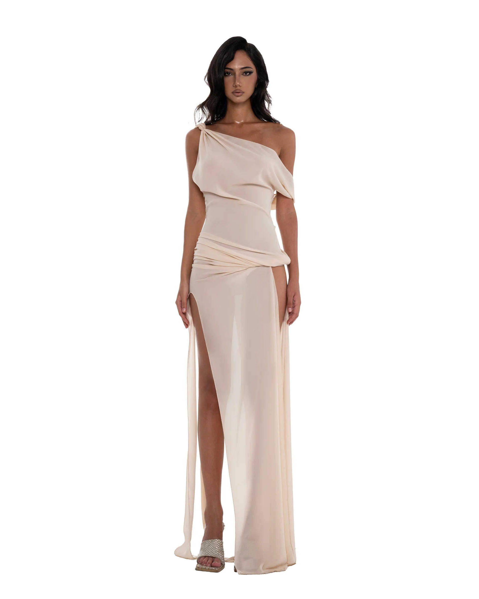 One-Shoulder Knot-Detail Waist-Knot Multi-Slit Bodycon Dress
