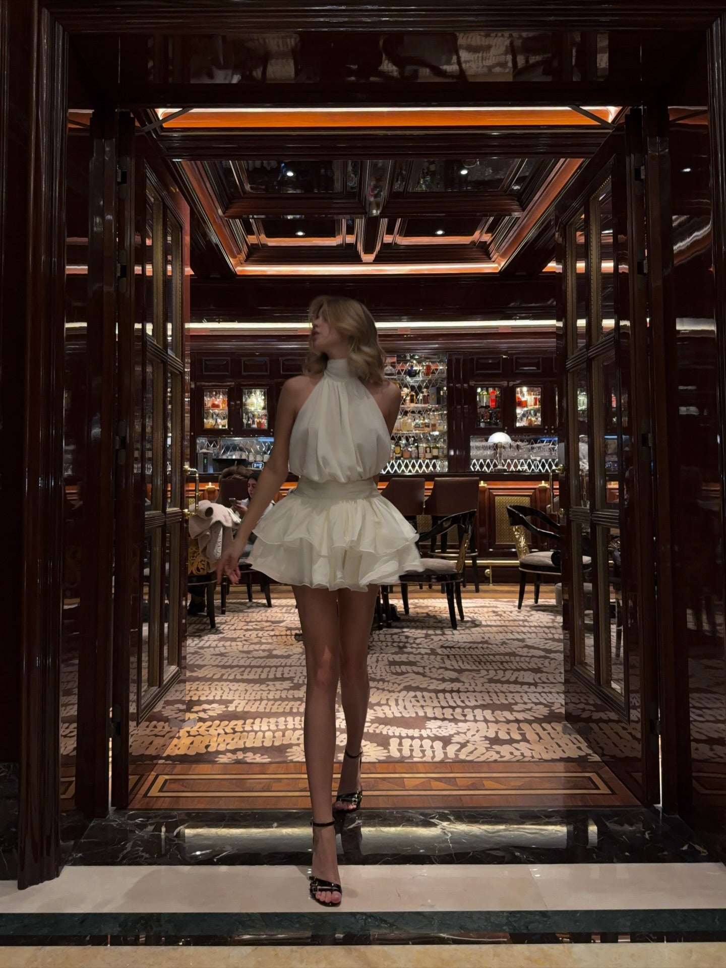 High-Neck Halter Tie-Back Sleeveless Backless Tiered Chiffon Mini Dress