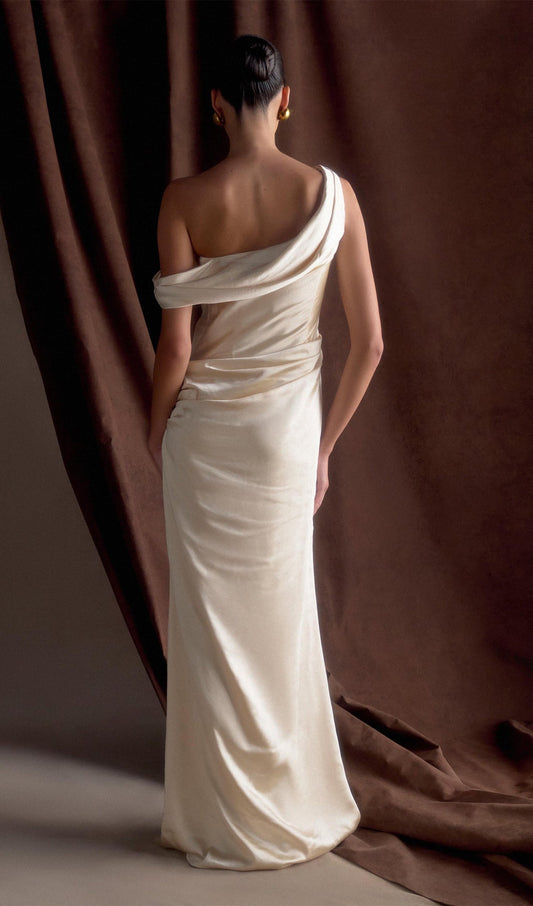 Off Shoulder Satin Maxi Dress