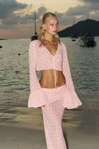 Polka-Dot V-Neck Tie-Detail Long-Sleeve Top and Low-Rise Ruched Maxi Skirt Two-Piece Set