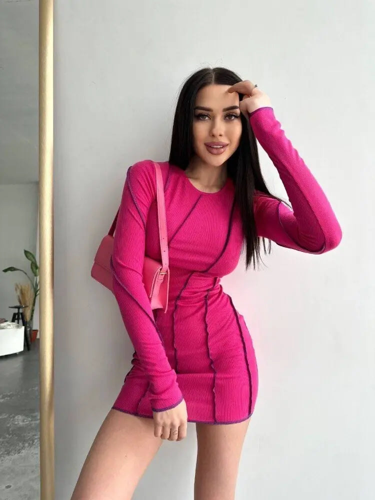 3D Panel Overlock Long Sleeve Knit Dress