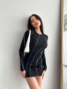 3D Panel Overlock Long Sleeve Knit Dress