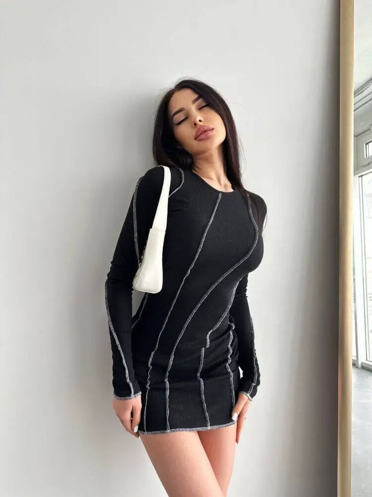 3D Panel Overlock Long Sleeve Knit Dress