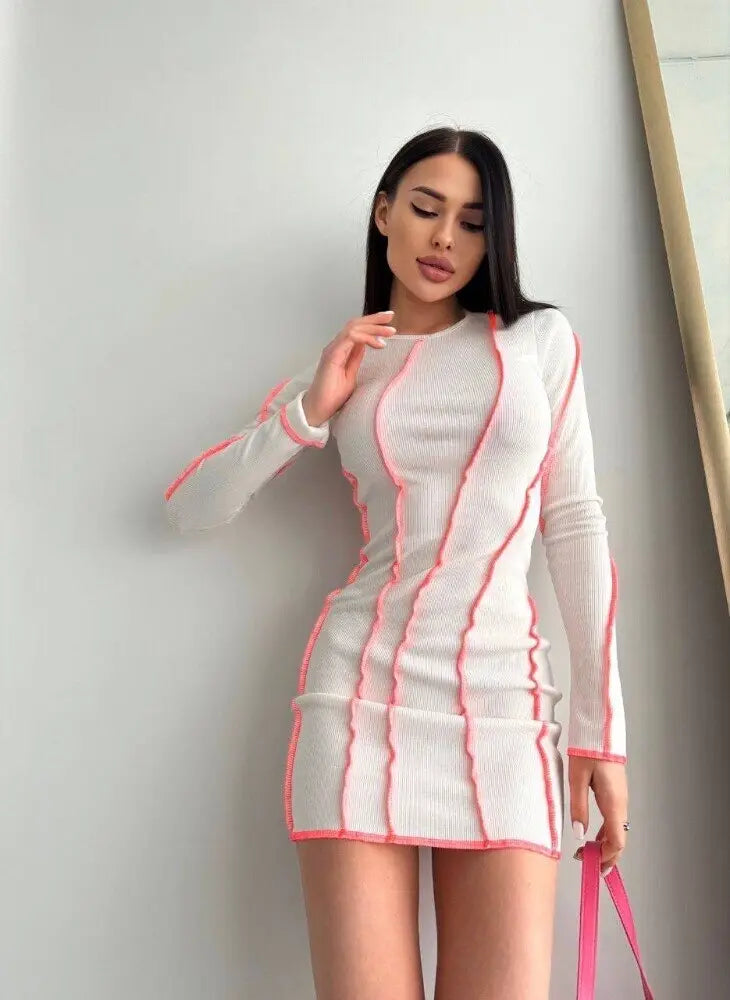 3D Panel Overlock Long Sleeve Knit Dress