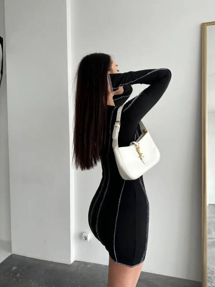 3D Panel Overlock Long Sleeve Knit Dress