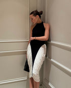 Halter High-Neck Sleeveless Backless Black-and-White Pleated Dress