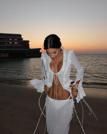 V-Neck Ruffle-Trim Tie-Front Long-Sleeve Cardigan Top with Waist-Tie Chiffon Skirt Two-Piece Set