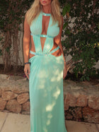 Crew-Neck Sleeveless Cutout Ruched Backless Seafoam Green  Dress
