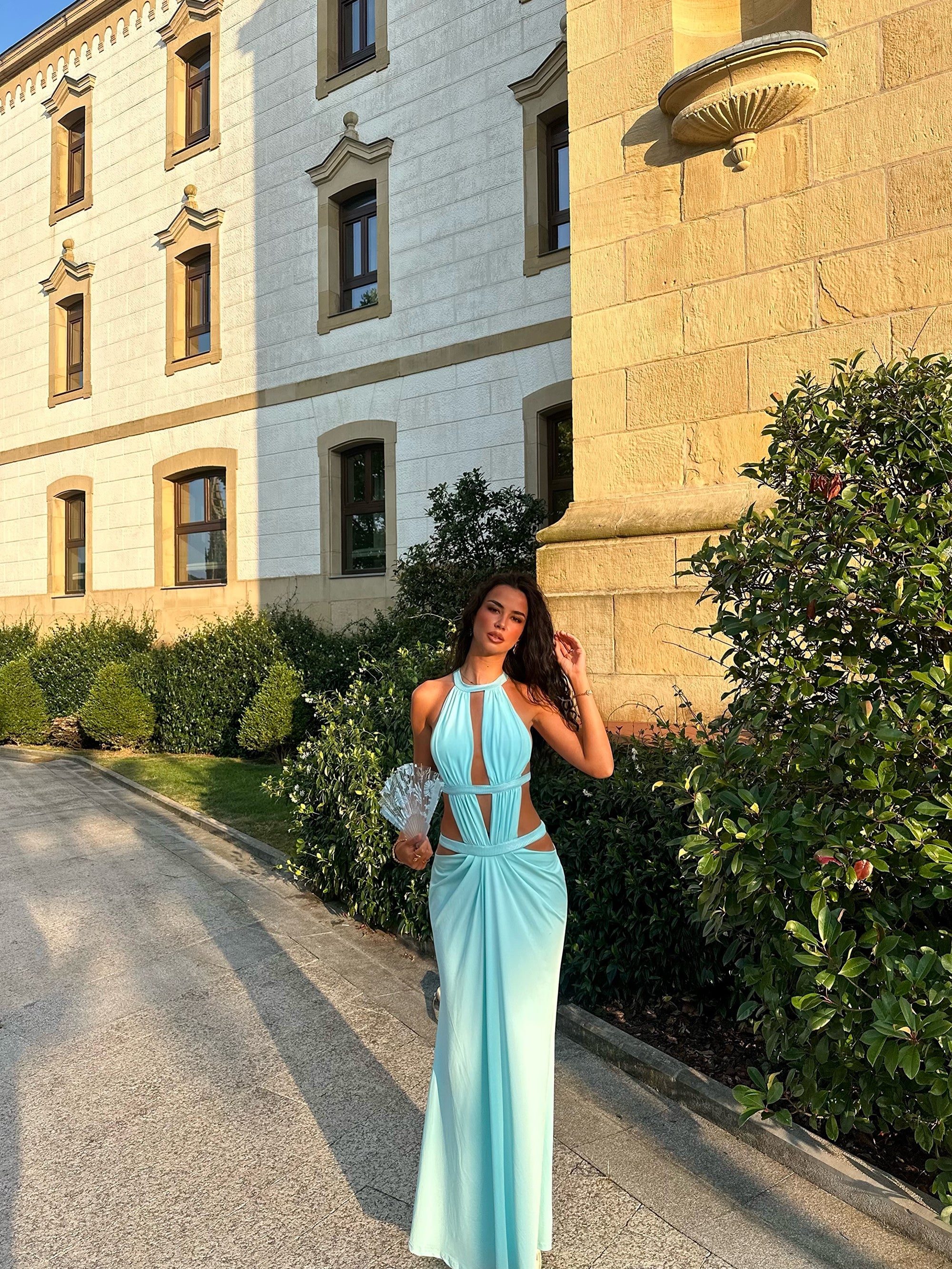 Crew-Neck Sleeveless Cutout Ruched Backless Seafoam Green  Dress