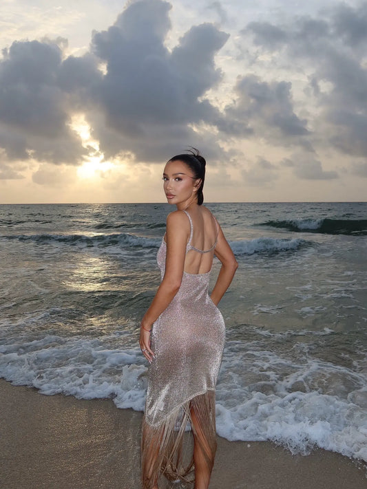 Shimmer Fringe Knit Maxi Dress