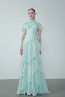 Cap-Shoulder Crew-Neck Floral-Appliqué Waist Tiered Maxi Dress