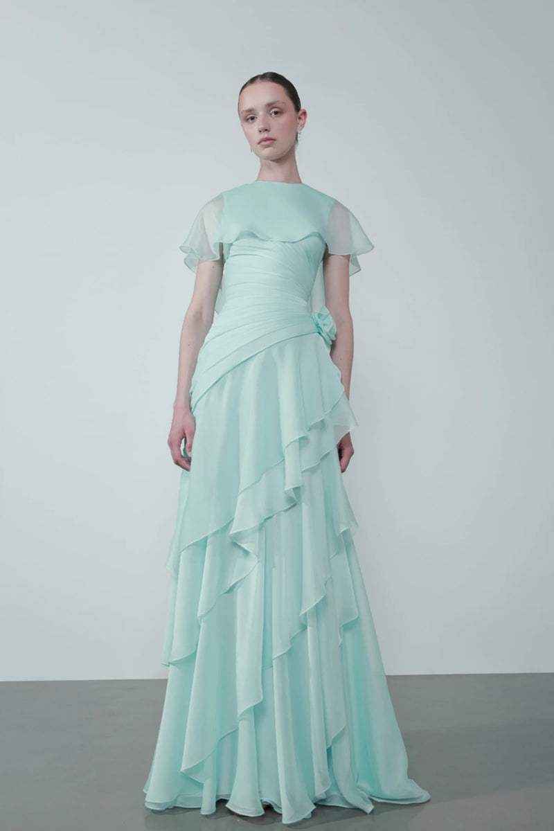Cap-Shoulder Crew-Neck Floral-Appliqué Waist Tiered Maxi Dress