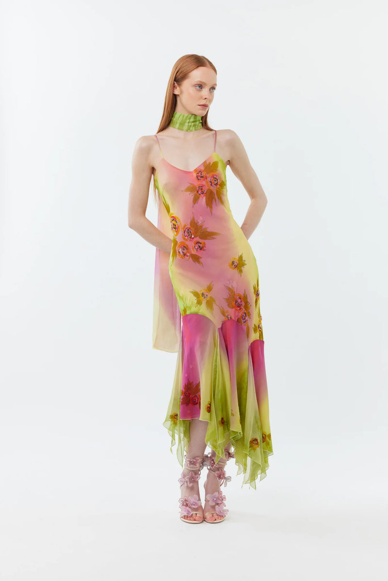 Hand-Beaded Ombre-Dyed Chiffon Spaghetti Strap Dress