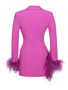 Deep V-Neck Velvet-Lapel Long-Sleeve Ostrich-Feather Blazer Dress