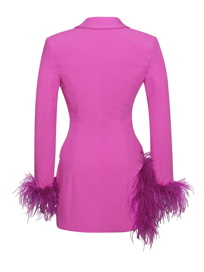 Deep V-Neck Velvet-Lapel Long-Sleeve Ostrich-Feather Blazer Dress