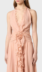 Halter Ruffles Rose Decoration Maxi Dress