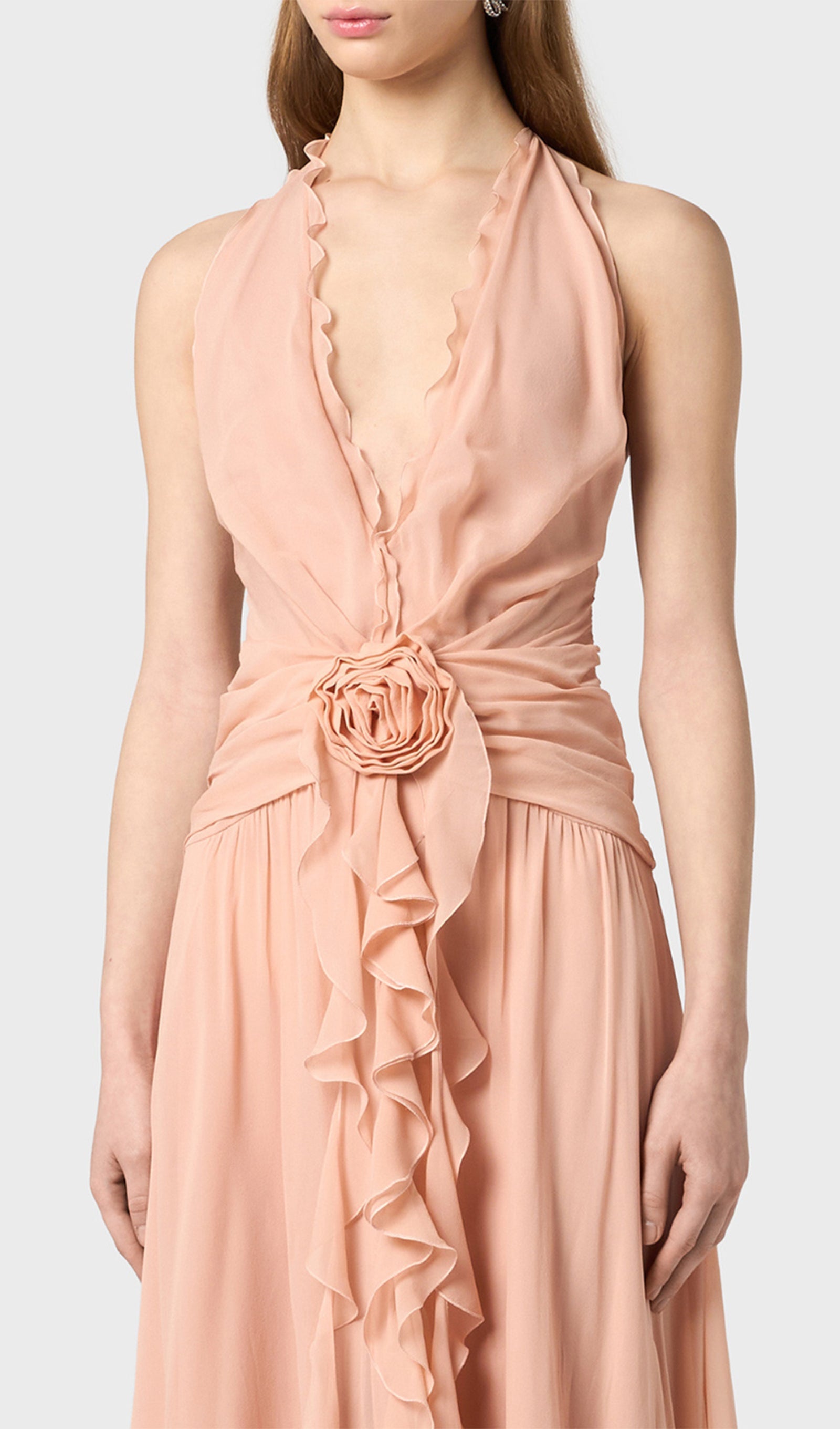Halter Ruffles Rose Decoration Maxi Dress
