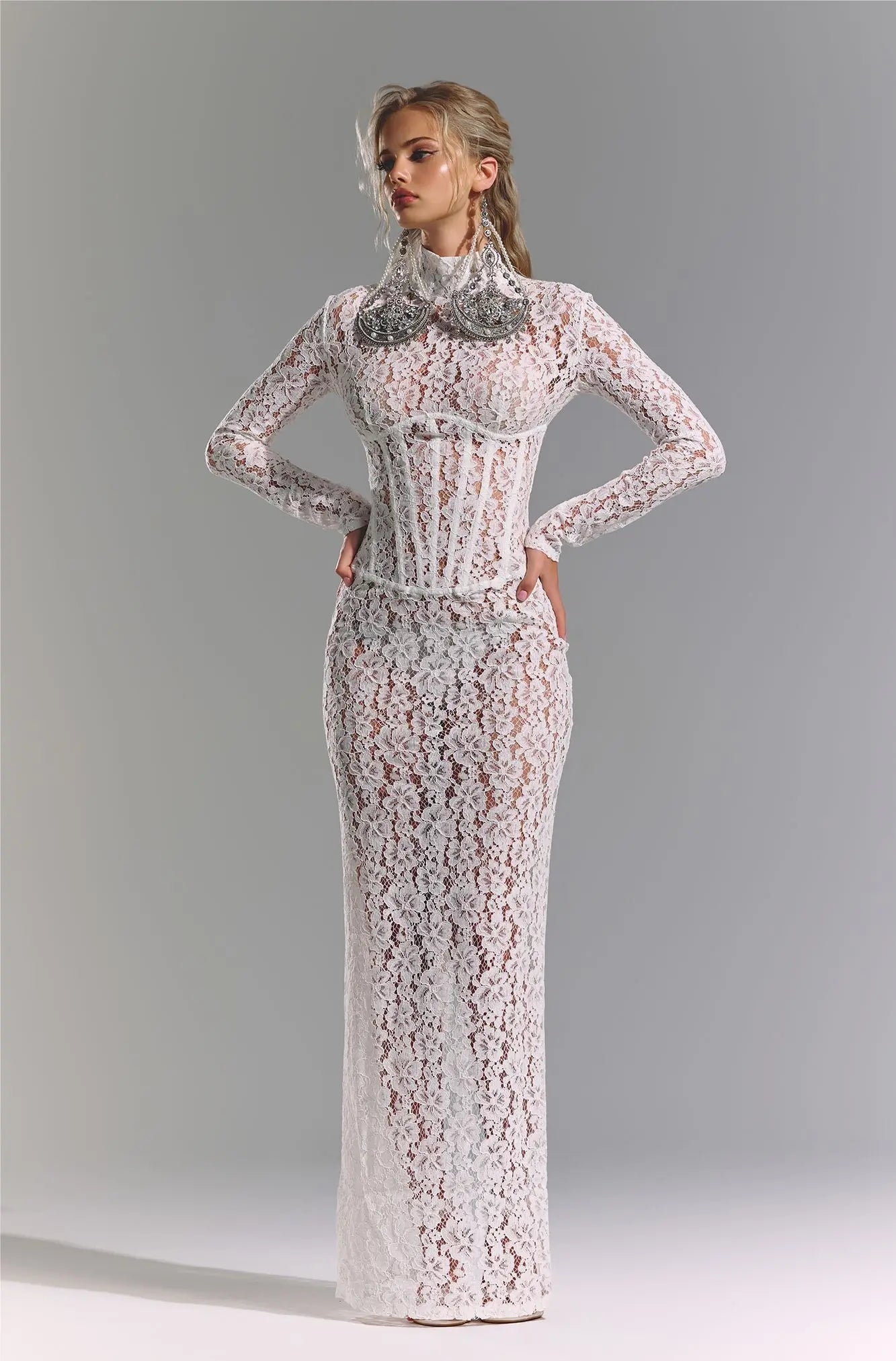 High-Neck Long-Sleeve Corset-Inspired White Lace Dress