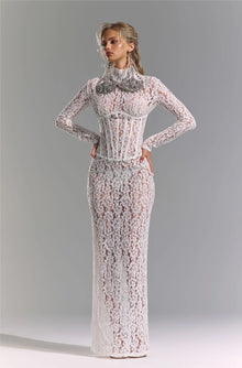 High-Neck Long-Sleeve Corset-Inspired White Lace Dress