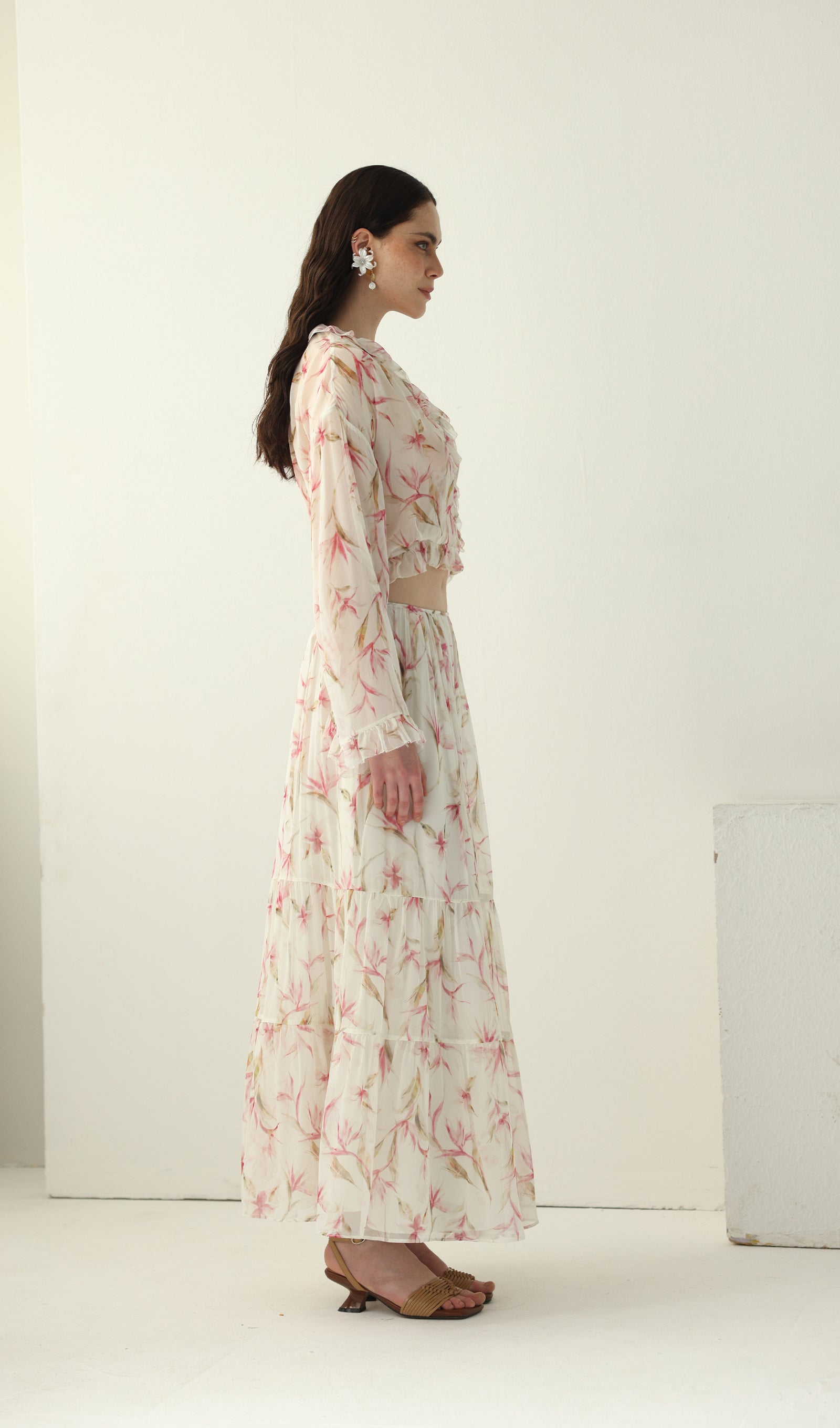 Floral Silk Ruffle Two Piece Sets