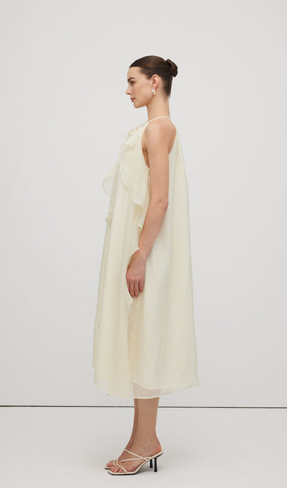 Halterneck Rose Detail Ruffle Midi Dress