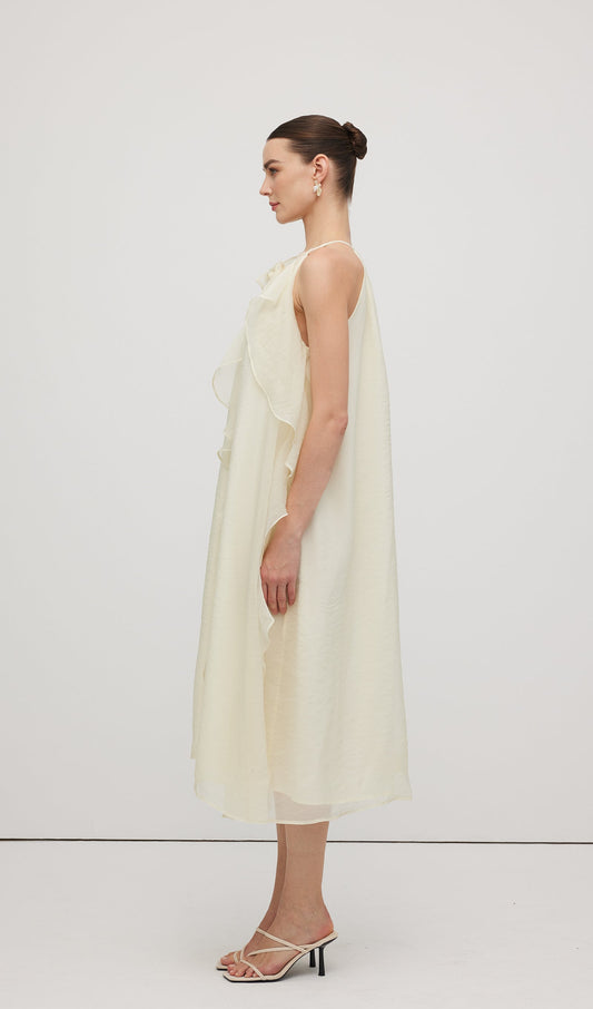 Halterneck Rose Detail Ruffle Midi Dress